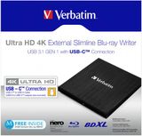Blu-ray napaľovačka, (externá), 4K Ultra HD, USB 3.1 GEN 1 USB-C, VERBATIM &quot;Slimeline&quot;
