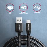 AXAGON BUMM-AM20AB, HQ kabel Micro USB &lt;-&gt; USB-A, 2m, USB 2.0, 2.4A, ALU, oplet, černý