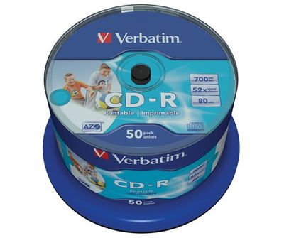 CD-R 700 MB, potlačiteľné, no-ID, AZO, 700MB, 52x, cake box, VERBATIM