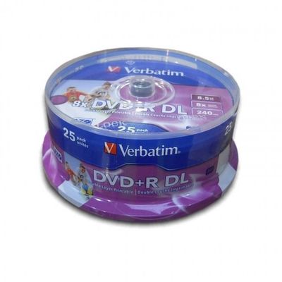 DVD+R DL Verbatim 8,5 GB printable, 8x zápis, cakebox/25 ks