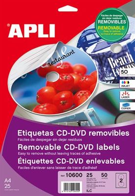 Etikety, na CD/DVD, A4, matné, odlepovateľné, APLI "Mega"