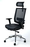 Exkluzívna kancelárska stolička s opierkou hlavy, čierna koža, sieťové napnuté operadlo,čierny podstavec, MAYAH 