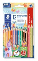 Farebné ceruzky, sada, trojuholníkový tvar, so strúhadlom, STAEDTLER "Noris Super Jumbo", 10+2 rôznych farieb
