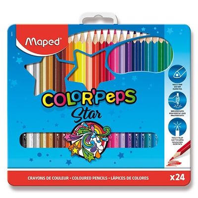 Farebné ceruzky, trojuholníkový tvar, plechová škatuľa, MAPED "Color`Peps", 24 rôznych farieb