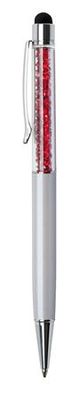 Guľôčkové pero, krémovo-biela, vrch siam červená, plnené SWAROVSKI® krištáľmi, TOUCH, 14 cm, ART CRYSTELLA®