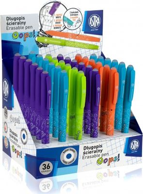 Gumovateľné pero OOPS!, 0,6mm, modré, dve gumy, mix farieb, stojan, 201120001