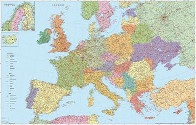 Nástenná mapa, 136x90 cm, kovová lišta, pripínacia, cestná mapa Európy, STIEFEL