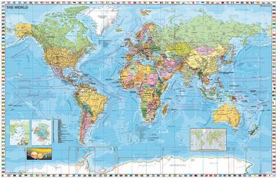 Nástenná mapa, 136x90 cm, kovová lišta, pripínacia, Krajiny sveta, STIEFEL