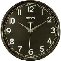 Nástenné hodiny, 24 cm, čierny číselník, SECCO, rám chrómovej farby