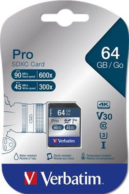 Pamäťová karta, SDXC, 64GB, Class 10 UHS-I, 90/45MB/sec, VERBATIM "PRO"