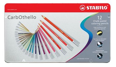 Pastelové ceruzky, sada, okrúhle, kovová krabica, STABILO "CarbOthello", 12 rôznych farieb