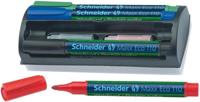 Popisovač na tabule a flipchartové tabule, 1-3 mm, kuželový hrot, so stierkou, SCHNEIDER "Maxx Eco 110", 4 rôzne farby