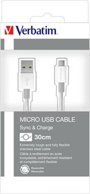 USB kábel, microUSB B, 30 cm. VERBATIM, strieborný